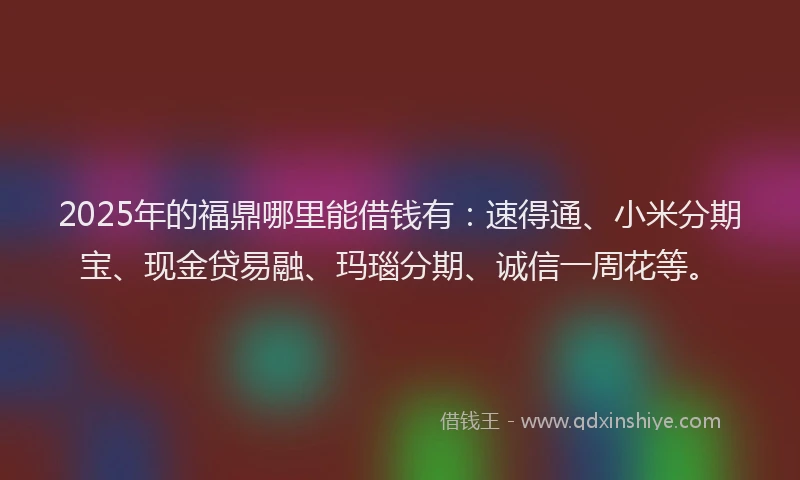 2025年的福鼎哪里能借钱有：速得通、小米分期宝、现金贷易融、玛瑙分期、诚信一周花等。