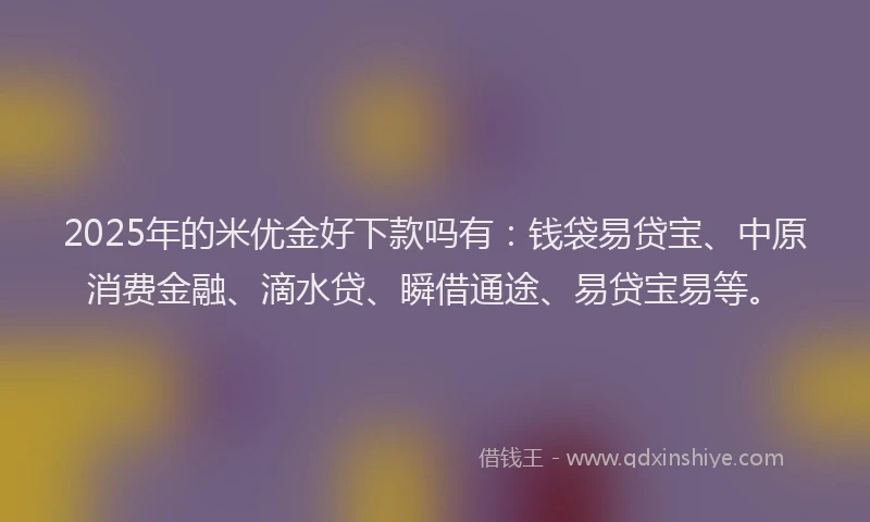 2025年的米优金好下款吗有：钱袋易贷宝、中原消费金融、滴水贷、瞬借通途、易贷宝易等。