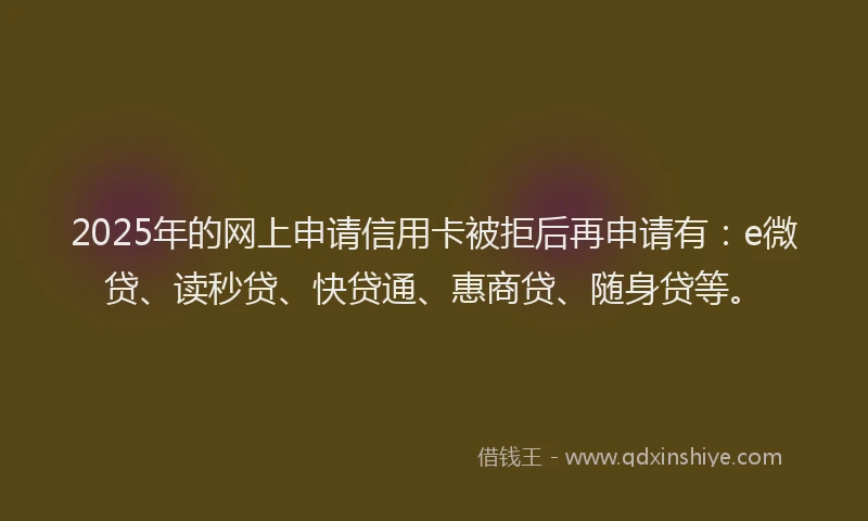 2025年的网上申请信用卡被拒后再申请有:e微贷、读秒贷、快贷通、惠商贷、随身贷等。