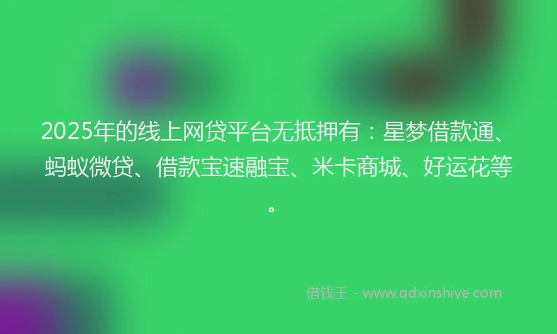 2025年的线上网贷平台无抵押有：星梦借款通、蚂蚁微贷、借款宝速融宝、米卡商城、好运花等。
