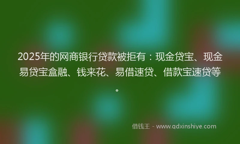 2025年的网商银行贷款被拒有：现金贷宝、现金易贷宝盒融、钱来花、易借速贷、借款宝速贷等。
