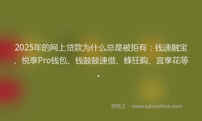 2025年的网上贷款为什么总是被拒有：钱速融宝、悦享Pro钱包、钱鼓鼓速借、蜂狂购、宜享花等。