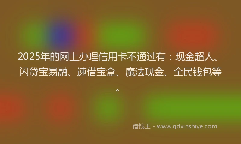 2025年的网上办理信用卡不通过有：现金超人、闪贷宝易融、速借宝盒、魔法现金、全民钱包等。