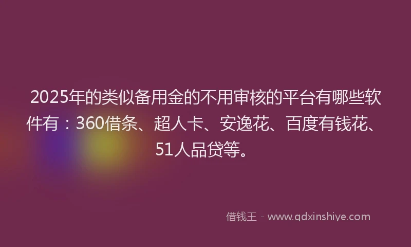 2025年的类似备用金的不用审核的平台有哪些软件有：360借条、超人卡、安逸花、百度有钱花、51人品贷等。
