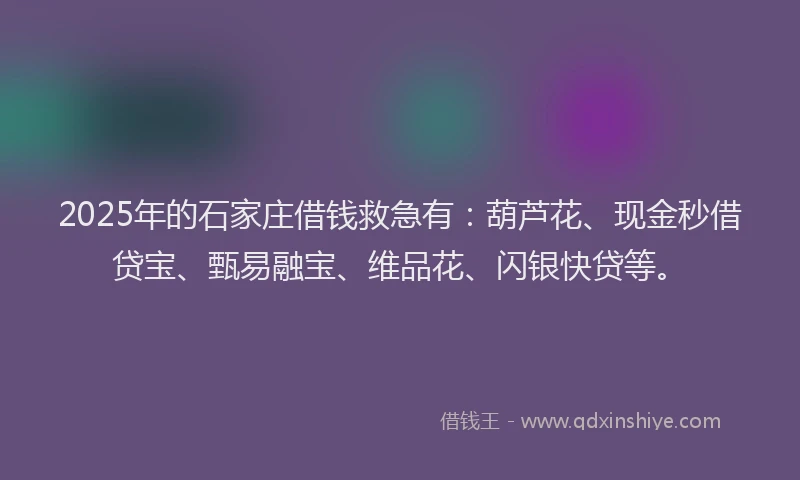 2025年的石家庄借钱救急有：葫芦花、现金秒借贷宝、甄易融宝、维品花、闪银快贷等。