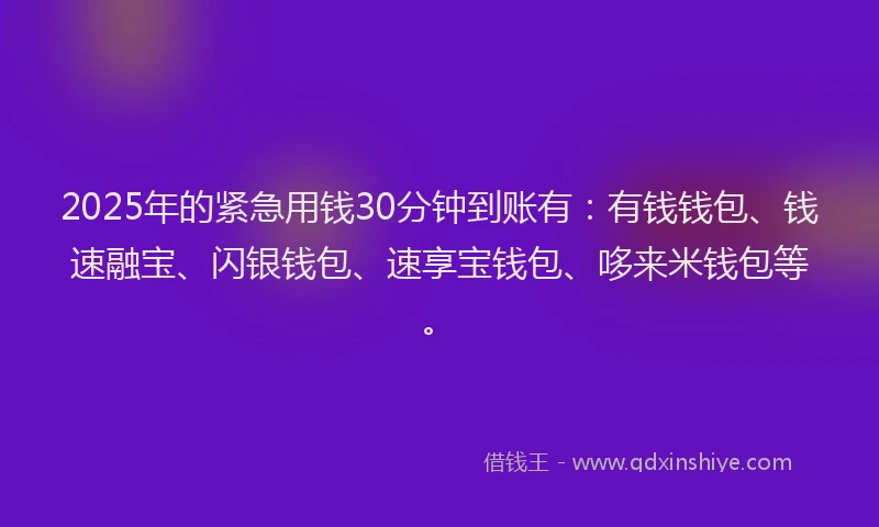 2025年的紧急用钱30分钟到账有：有钱钱包、钱速融宝、闪银钱包、速享宝钱包、哆来米钱包等。