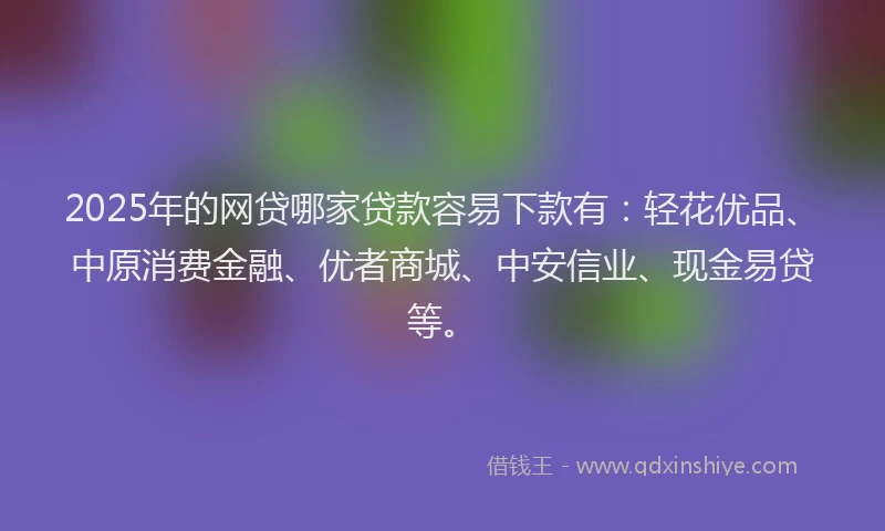 2025年的网贷哪家贷款容易下款有：轻花优品、中原消费金融、优者商城、中安信业、现金易贷等。