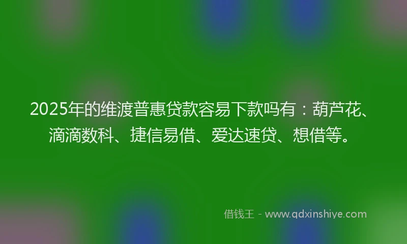 2025年的维渡普惠贷款容易下款吗有：葫芦花、滴滴数科、捷信易借、爱达速贷、想借等。