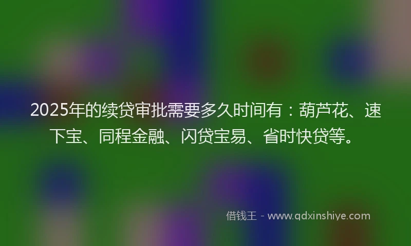 2025年的续贷审批需要多久时间有：葫芦花、速下宝、同程金融、闪贷宝易、省时快贷等。