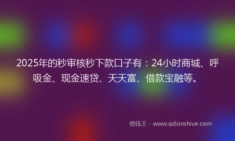 2025年的秒审核秒下款口子有：24小时商城、呼吸金、现金速贷、天天富、借款宝融等。