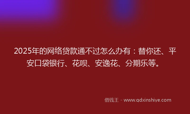 2025年的网络贷款通不过怎么办有：替你还、平安口袋银行、花呗、安逸花、分期乐等。