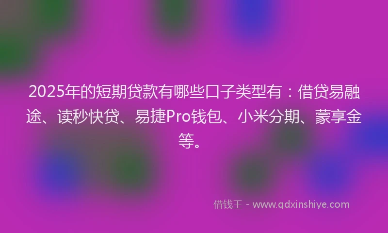 2025年的短期贷款有哪些口子类型有：借贷易融途、读秒快贷、易捷Pro钱包、小米分期、蒙享金等。