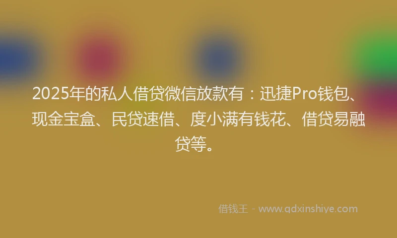 2025年的私人借贷微信放款有：迅捷Pro钱包、现金宝盒、民贷速借、度小满有钱花、借贷易融贷等。