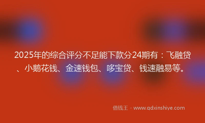 2025年的综合评分不足能下款分24期有：飞融贷、小鹅花钱、金速钱包、哆宝贷、钱速融易等。