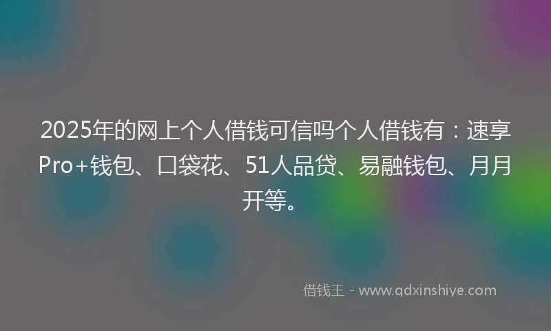 2025年的网上个人借钱可信吗个人借钱有：速享Pro+钱包、口袋花、51人品贷、易融钱包、月月开等。