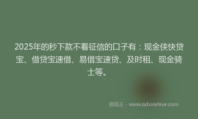 2025年的秒下款不看征信的口子有：现金侠快贷宝、借贷宝速借、易借宝速贷、及时租、现金骑士等。