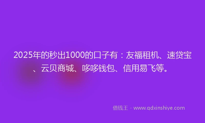 2025年的秒出1000的口子有：友福租机、速贷宝、云贝商城、哆哆钱包、信用易飞等。