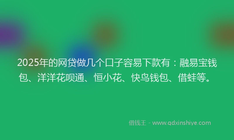 2025年的网贷做几个口子容易下款有：融易宝钱包、洋洋花呗通、恒小花、快鸟钱包、借蛙等。