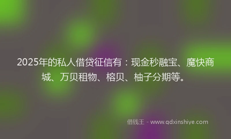 2025年的私人借贷征信有：现金秒融宝、魔快商城、万贝租物、榕贝、柚子分期等。