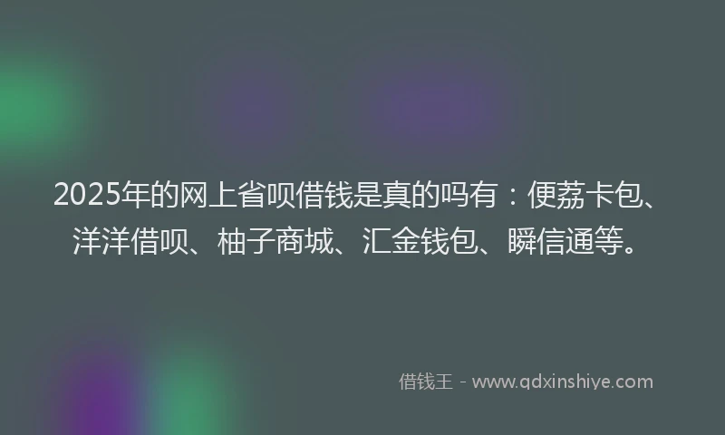 2025年的网上省呗借钱是真的吗有：便荔卡包、洋洋借呗、柚子商城、汇金钱包、瞬信通等。