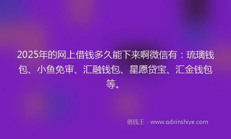 2025年的网上借钱多久能下来啊微信有：琉璃钱包、小鱼免审、汇融钱包、星愿贷宝、汇金钱包等。