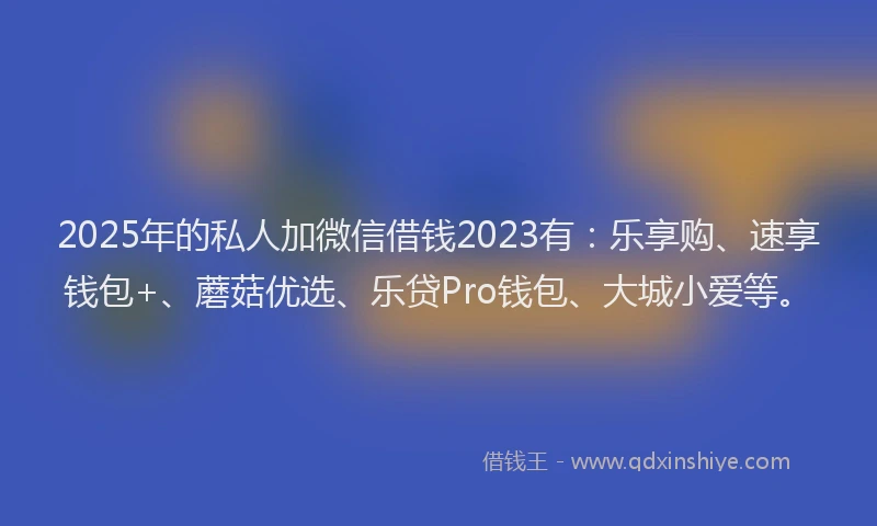 2025年的私人加微信借钱2023有：乐享购、速享钱包+、蘑菇优选、乐贷Pro钱包、大城小爱等。
