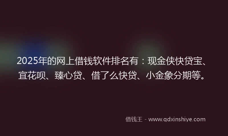 2025年的网上借钱软件排名有：现金侠快贷宝、宜花呗、臻心贷、借了么快贷、小金象分期等。