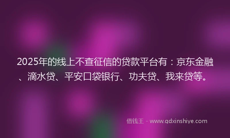 2025年的线上不查征信的贷款平台有：京东金融、滴水贷、平安口袋银行、功夫贷、我来贷等。