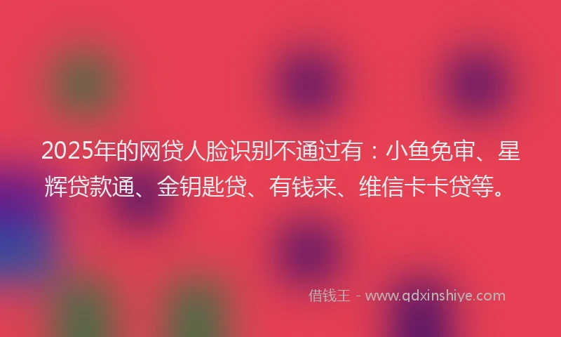 2025年的网贷人脸识别不通过有：小鱼免审、星辉贷款通、金钥匙贷、有钱来、维信卡卡贷等。