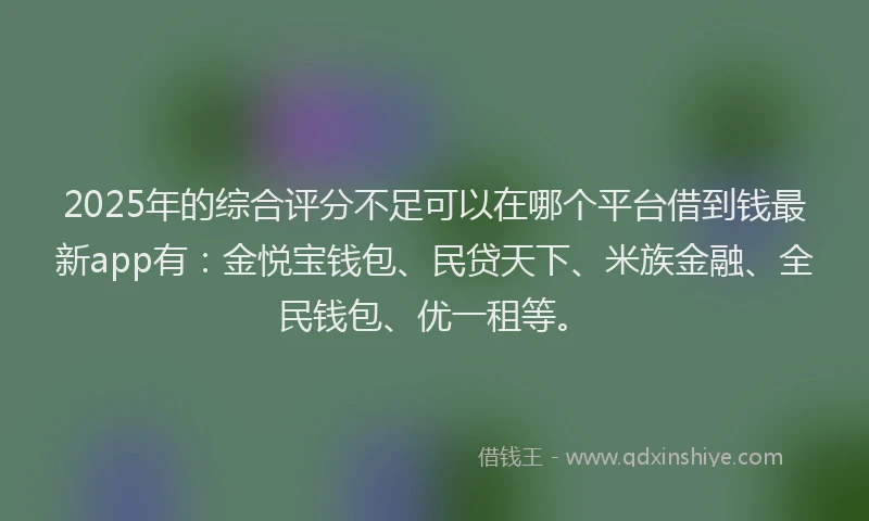 2025年的综合评分不足可以在哪个平台借到钱最新app有：金悦宝钱包、民贷天下、米族金融、全民钱包、优一租等。