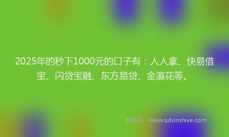 2025年的秒下1000元的口子有：人人拿、快易借宝、闪贷宝融、东方易贷、金瀛花等。