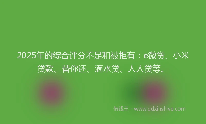 2025年的综合评分不足和被拒有：e微贷、小米贷款、替你还、滴水贷、人人贷等。