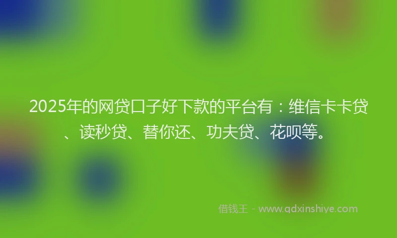 2025年的网贷口子好下款的平台有：维信卡卡贷、读秒贷、替你还、功夫贷、花呗等。