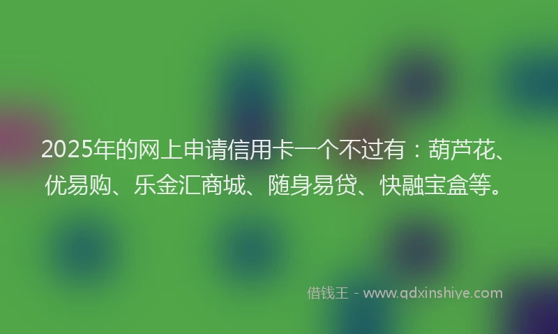 2025年的网上申请信用卡一个不过有：葫芦花、优易购、乐金汇商城、随身易贷、快融宝盒等。