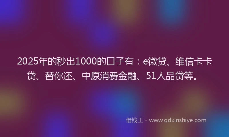 2025年的秒出1000的口子有：e微贷、维信卡卡贷、替你还、中原消费金融、51人品贷等。