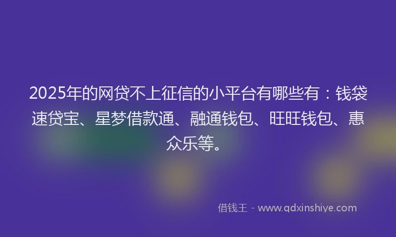 2025年的网贷不上征信的小平台有哪些有：钱袋速贷宝、星梦借款通、融通钱包、旺旺钱包、惠众乐等。