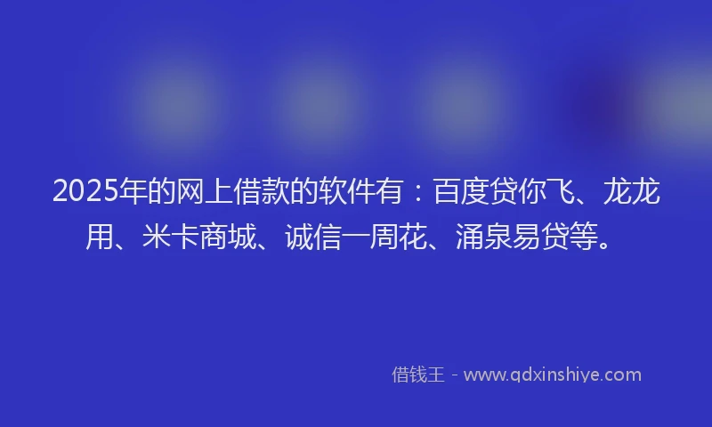 2025年的网上借款的软件有：百度贷你飞、龙龙用、米卡商城、诚信一周花、涌泉易贷等。