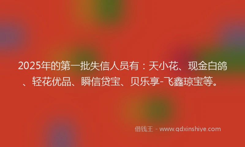 2025年的第一批失信人员有：天小花、现金白鸽、轻花优品、瞬信贷宝、贝乐享-飞鑫琼宝等。