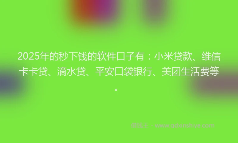 2025年的秒下钱的软件口子有：小米贷款、维信卡卡贷、滴水贷、平安口袋银行、美团生活费等。
