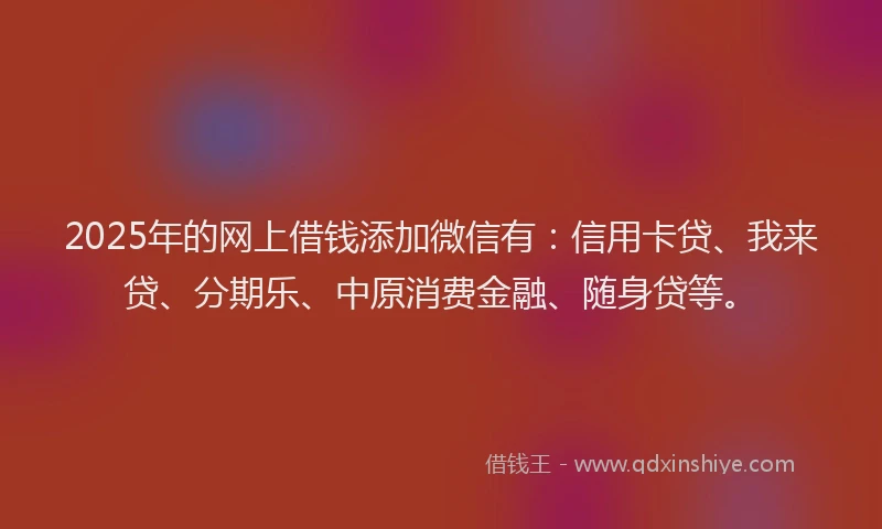 2025年的网上借钱添加微信有：信用卡贷、我来贷、分期乐、中原消费金融、随身贷等。