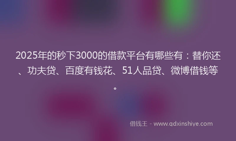 2025年的秒下3000的借款平台有哪些有：替你还、功夫贷、百度有钱花、51人品贷、微博借钱等。