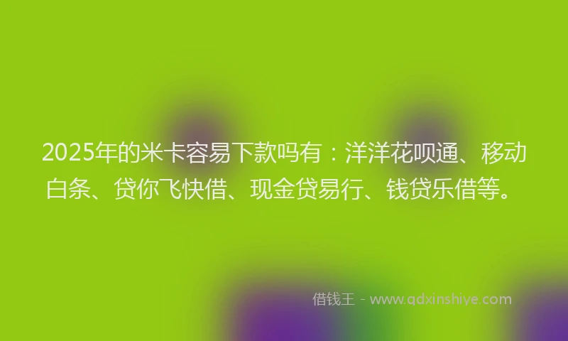 2025年的米卡容易下款吗有:洋洋花呗通、移动白条、贷你飞快借、现金贷易行、钱贷乐借等。