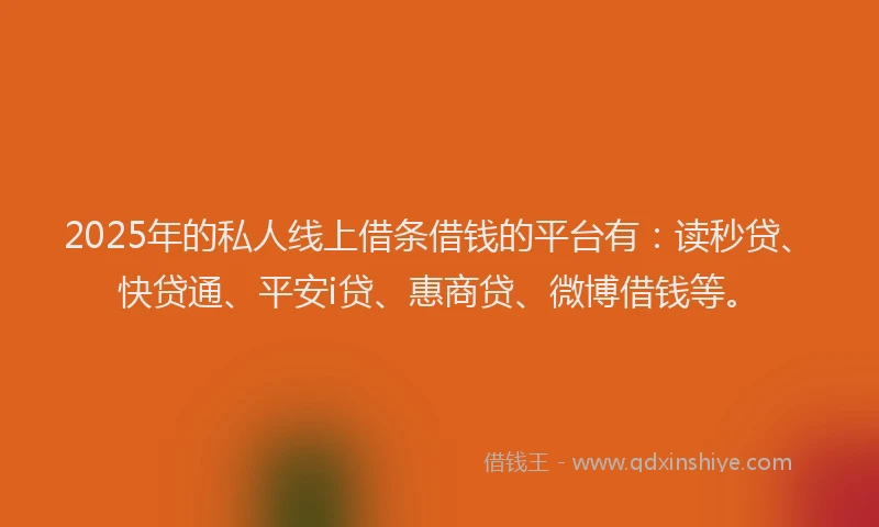 2025年的私人线上借条借钱的平台有：读秒贷、快贷通、平安i贷、惠商贷、微博借钱等。