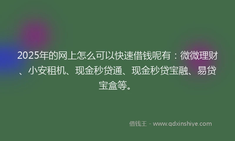 2025年的网上怎么可以快速借钱呢有：微微理财、小安租机、现金秒贷通、现金秒贷宝融、易贷宝盒等。
