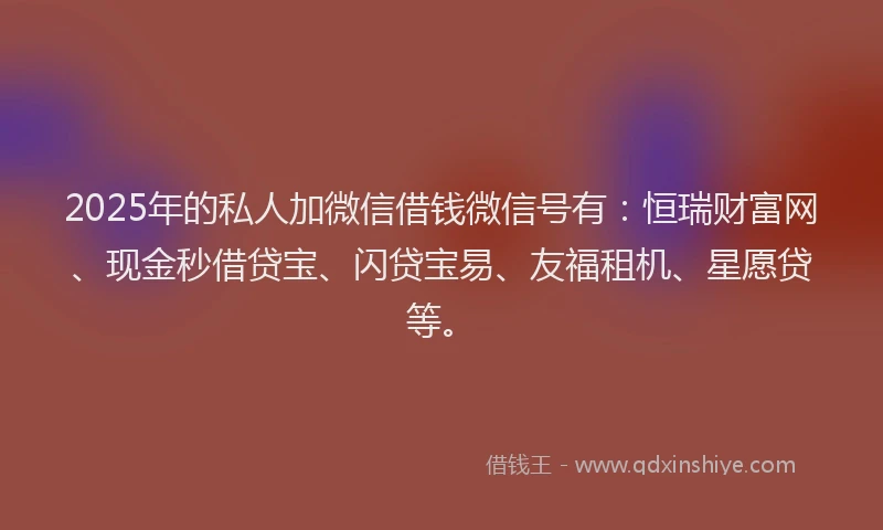2025年的私人加微信借钱微信号有：恒瑞财富网、现金秒借贷宝、闪贷宝易、友福租机、星愿贷等。
