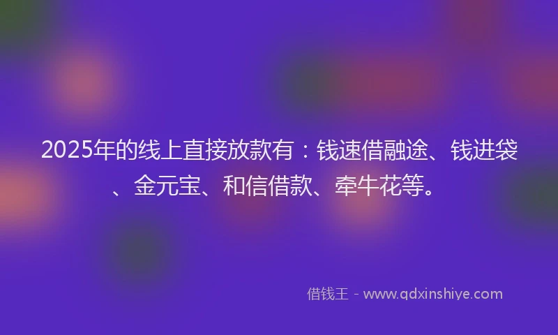 2025年的线上直接放款有：钱速借融途、钱进袋、金元宝、和信借款、牵牛花等。