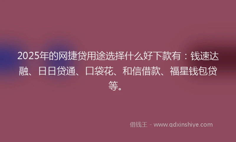 2025年的网捷贷用途选择什么好下款有：钱速达融、日日贷通、口袋花、和信借款、福星钱包贷等。
