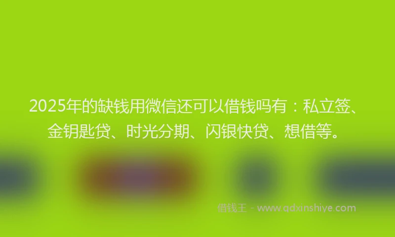 2025年的缺钱用微信还可以借钱吗有：私立签、金钥匙贷、时光分期、闪银快贷、想借等。