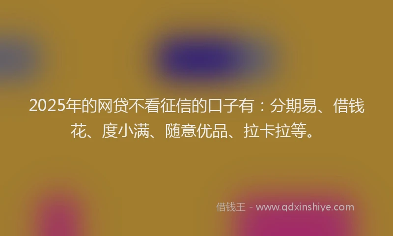 2025年的网贷不看征信的口子有：分期易、借钱花、度小满、随意优品、拉卡拉等。
