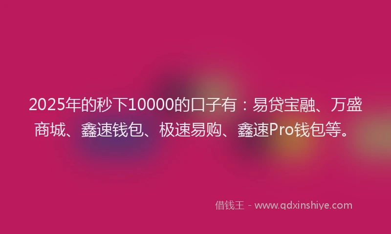 2025年的秒下10000的口子有：易贷宝融、万盛商城、鑫速钱包、极速易购、鑫速Pro钱包等。